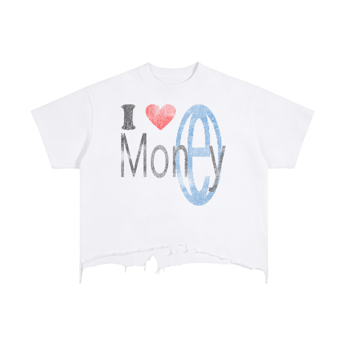 Luv Money White Distressed Hem Washed Shirt Streetwear Cotton 240GSM DTG Print Tee