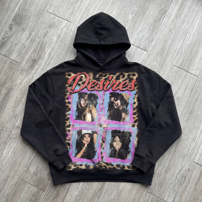 Desires Black Cropped 400GSM Hoodie Streetwear Graphic Y2K Unisex Cotton